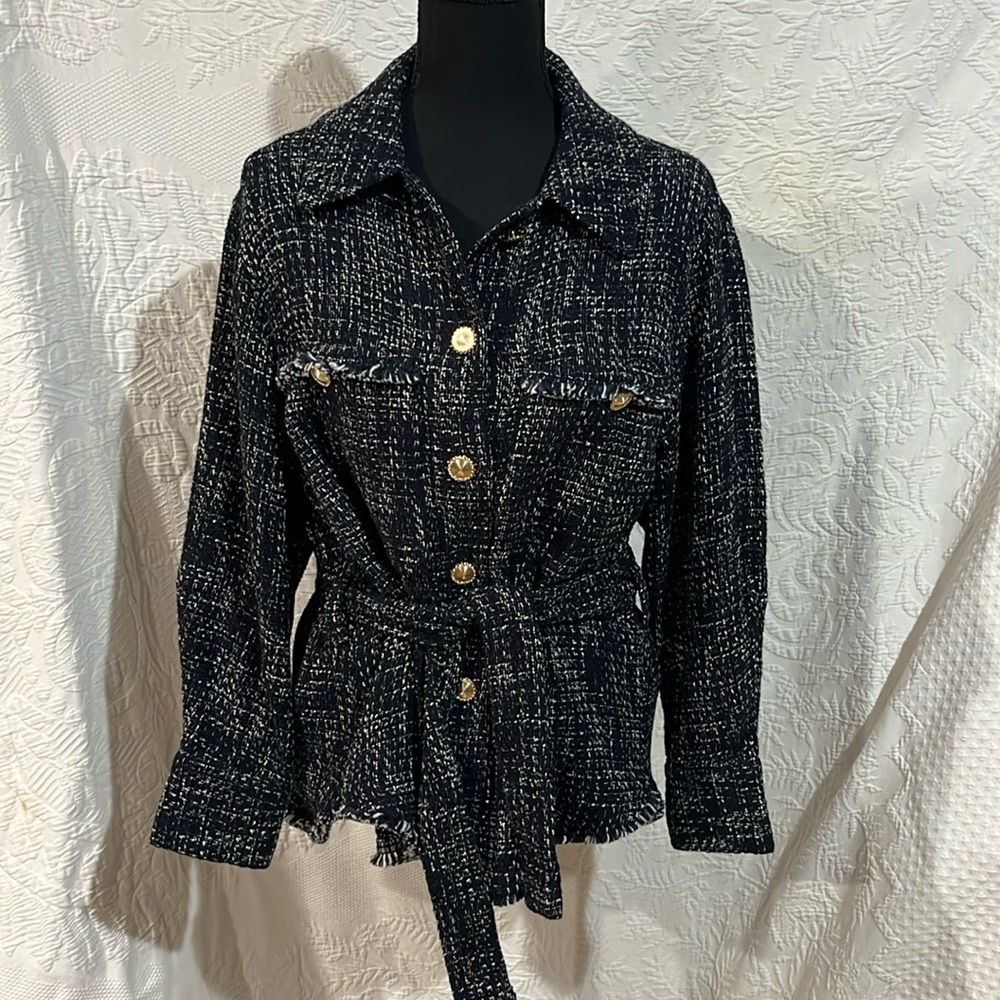 Maje belted navy tweed belted jacket, size 36